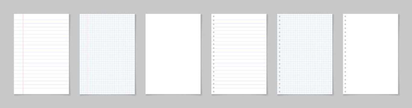 Paper page of notebook. School sheet with lines and grid. White sheets for notes. Notepad for mathematics and letter. Realistic blank notepaper with shadow isolated on gray background. Vector