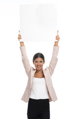 happy young businesswoman holding empty board above head