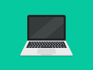 Laptop with screen and keyboard. Laptop in cartoon style. icon of computer in front. Mockup of open notebook. design monitor for office, home and workspace. PC isolated on green background. Vector