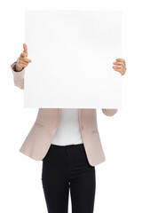 young businesswoman hiding behind empty board and pointing fingers