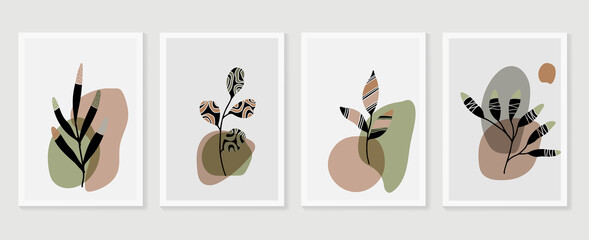 Botanical wall art vector set. Earth tone background foliage line art drawing with abstract shape and watercolor. Design for wall framed prints, canvas prints, poster, home decor, cover, wallpaper.