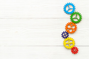 Top view of colorful gears. Corporate work and modern business process concept