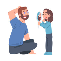 Bearded Dad Looking in the Mirror Held by His Laughing Daughter Vector Illustration