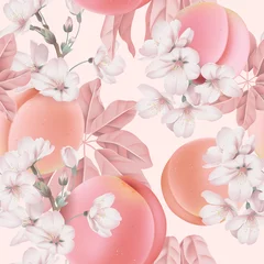 Fotobehang Fruit seamless pattern, pastel peaches and Somei Yoshino sakura on bright pink © momosama