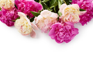 Beautiful bouquet of peony flowers over white background