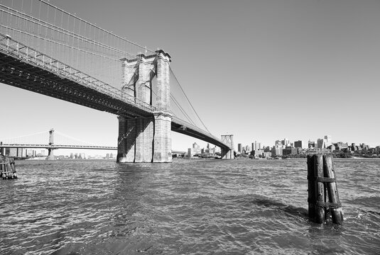 Black and white picture of Brooklyn Bridge, New York City, USA.
