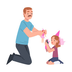 Moustached Dad Playing Dolls with His Little Daughter Vector Illustration