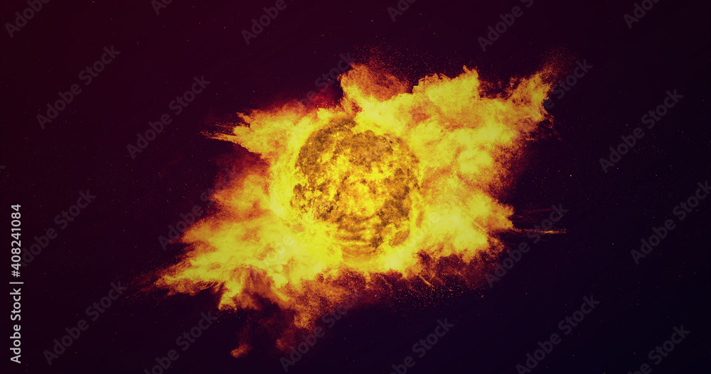 Poster a flaming planet explodes in space and strong flames spread around it.