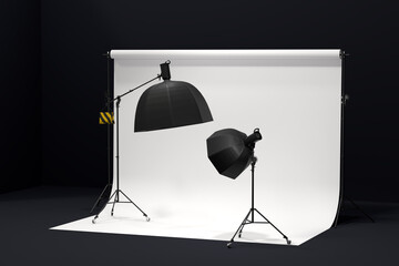 Photography photo studio with professional lighting equipment on background