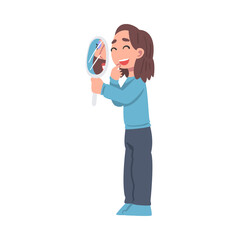 Cute Girl Holding Mirror and Laughing Vector Illustration