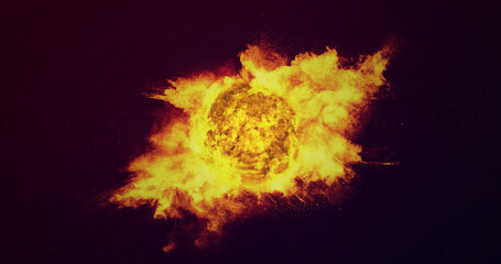 A flaming planet explodes in space and strong flames spread around it. - obrazy, fototapety, plakaty