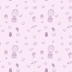 seamless pattern Happy valentine's day card. Pink background. love, hearts, flowers, balloon. cute picture 14 february. Print for fabric, wrapping paper. design for girls. vector eps 10