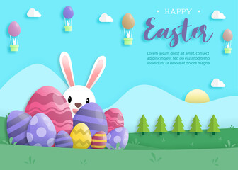 Happy easter day in paper art style with rabbit and easter eggs. greeting card, posters and wallpaper. Vector illustration.