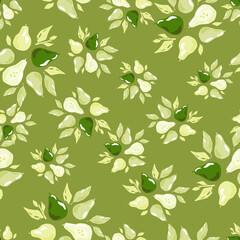 Random seamless pattern with doodle pear ornament and leaf silhouettes. Green background. Nature food backdrop.