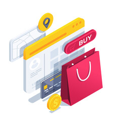 isometric vector illustration..  on a white background, a big red shopping bag and a credit card with a coin, online shopping