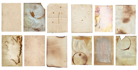 Set of Old various vintage rough paper with scratches and stains texture