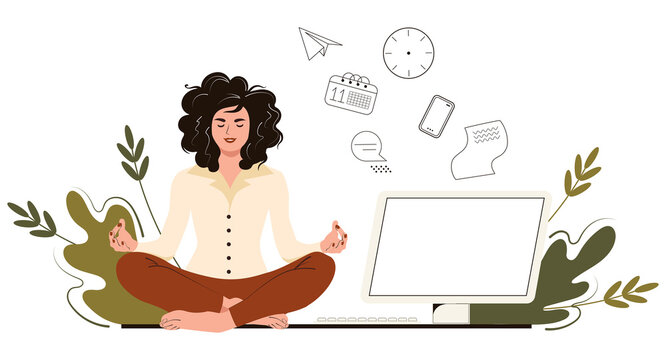 Businesswoman meditates in the office. Concept yoga, relax, trying to release stress at work. Vector illustration in flat cartoon style.