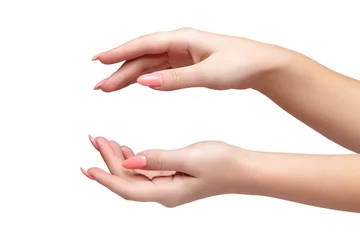Küchenrückwand glas motiv Female hands with woman's professional natural perfect nails manicure isolated on white background © Serg Zastavkin