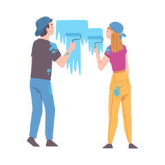 Man and Woman as Young Family Holding Paint Roller Coloring the Walls in Their Apartment Vector Illustration