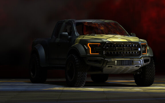 Ford F-150 Raptor in an illuminated hangar
