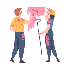 Man and Woman as Young Family Holding Paint Roller Coloring the Walls in Their Apartment Vector Illustration