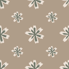 Seamless pattern in minimalistic style with grey and white colored flower shapes. Beige background.