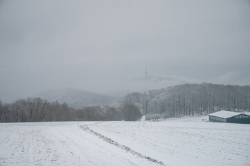 verschneite Winterlandschaft mit einem Funkturm im nebeligen Himmel