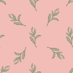 Minimalistic style seamless pattern with light green foliage shapes. Pastel pink background. Simple design.