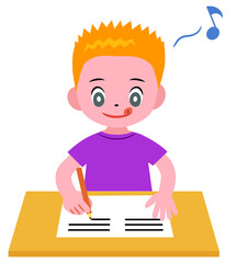 A boy studying and doing school homework holding a pencil