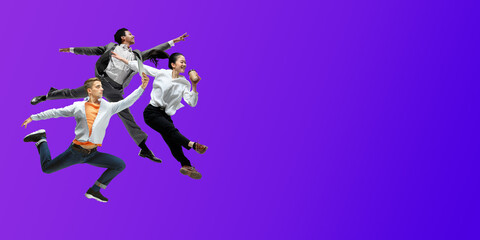 Night. Happy office workers jumping and dancing in casual clothes or suit isolated on gradient neon fluid background. Business, start-up, working open-space, motion, action concept. Creative collage.