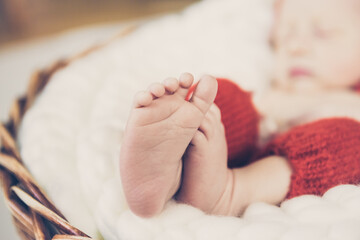 Cute newborn baby legs on a light blanket. Sleeping baby on a light background. Closeup newborn legs. Baby goods packing template. Medical and healthy concept