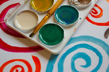 Pattern of colored painted spirals, background from watercolor paints and gouache