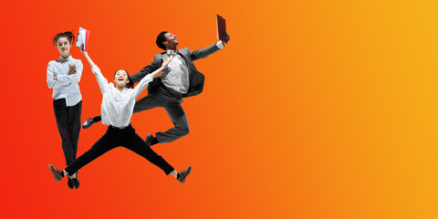 Fototapeta na wymiar Juice. Happy office workers jumping and dancing in casual clothes or suit isolated on gradient neon fluid background. Business, start-up, working open-space, motion, action concept. Creative collage.