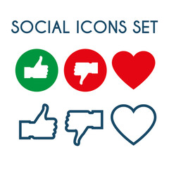 Social media icons of like, dislike and heart. Vector set of linear and color symbols for social network