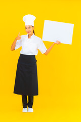 Portrait beautiful young asian chef woman with white empty billboard