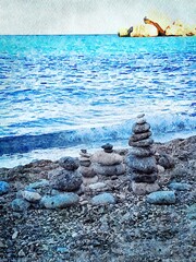 Small stone totems on one of the Sardinian beaches in summer. Digital watercolors