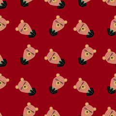 Fototapeta premium Hand drawn cute animal seamless pattern with bear in tuxedo print. Dark red background. Simple design.