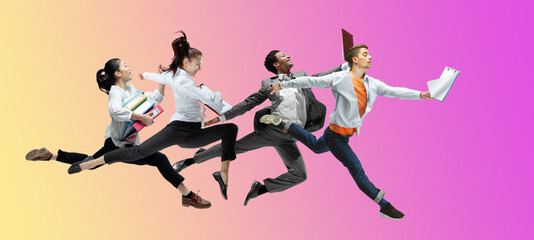 Career. Happy office workers jumping and dancing in casual clothes or suit isolated on gradient...