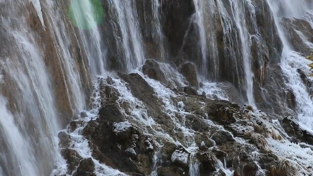 Ice cascade.The beautiful Jiuzhaigou Valley, National Park in winter in aba prefecture, sichuan province, China. Inclusion on the World Natural Heritage List in 1992.