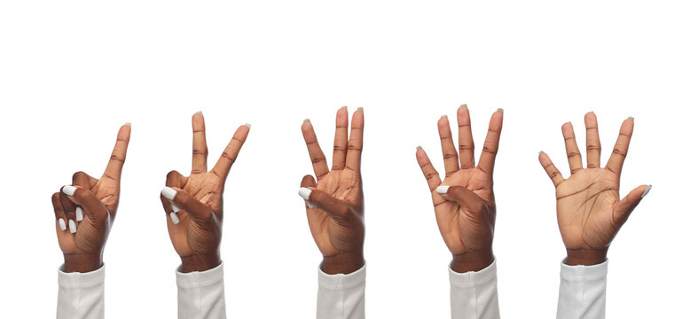 finger count, gesture and people concept - hands of african american women showing fingers on white background