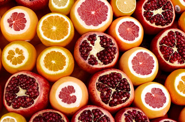 Pomegranates, cut lemons showing their segments with intense yellow and red colors