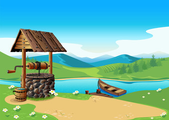 Old village well in summer landscape with mountains, river and boat. Stone well with wooden roof. Fairy tale vector illustration.