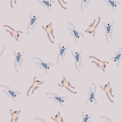 Pastel palette seamless pattern with random cartoon froggy silhouettes ornament. Light blue background.