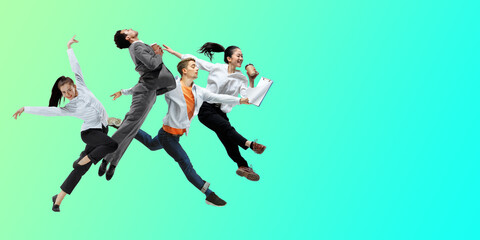 Fototapeta na wymiar Fluid. Happy office workers jumping and dancing in casual clothes or suit isolated on gradient neon fluid background. Business, start-up, working open-space, motion, action concept. Creative collage.