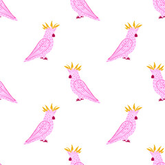 Isolated seamless pattern with simple pink parrot cockatoo shapes. White background. Jungle animal artwork. © Purple_Lamp
