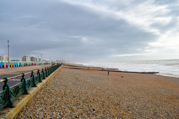 Beach huts near Hove beach, East Sussex, UK