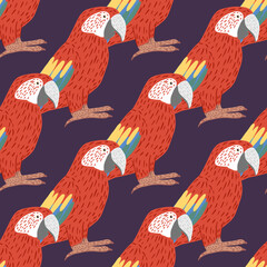 Hand drawn seamless pattern with bright realistic red ara parrot print design. Purple background. Doodle style.