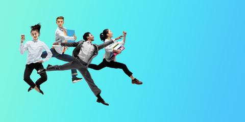 Obraz na płótnie Canvas Snowy. Happy office workers jumping and dancing in casual clothes or suit isolated on gradient neon fluid background. Business, start-up, working open-space, motion, action concept. Creative collage.