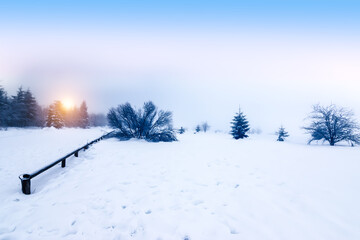 Nature landscape with sunrise on a cold misty winter day with snow on the Botrange, High Fens, Ardennes, Belgium.