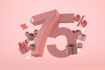 Pink Sale 75% off, Promotion and celebration with gift boxes and percentage. 3D Render